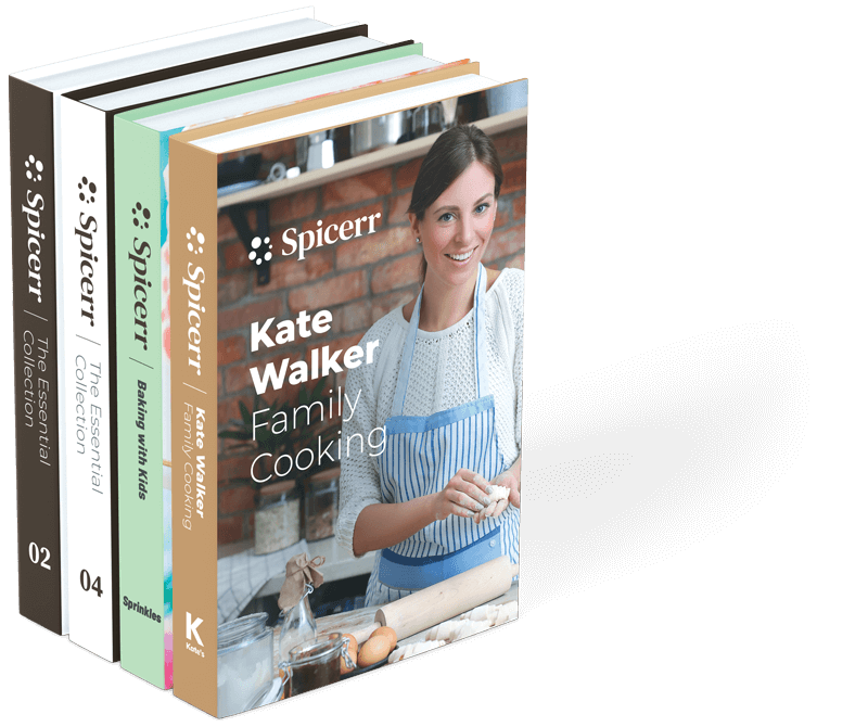 A set of four cookbooks titled "Spicerr," featuring "Kate Walker Family Cooking," with a smiling person in a kitchen wearing a blue-striped apron.