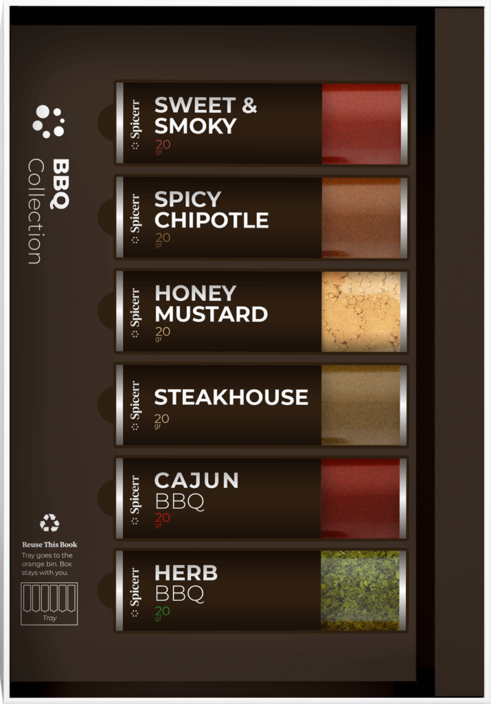 A collection of five BBQ spice blends: Sweet & Smoky, Spicy Chipotle, Honey Mustard, Steakhouse, Cajun BBQ, and Herb BBQ, in labeled containers.