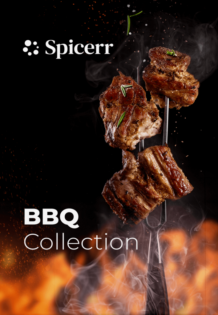 Skewered grilled meat with rosemary garnishing, smoky background, and flames. Text reads “Spicerr BBQ Collection” in bold, white font.