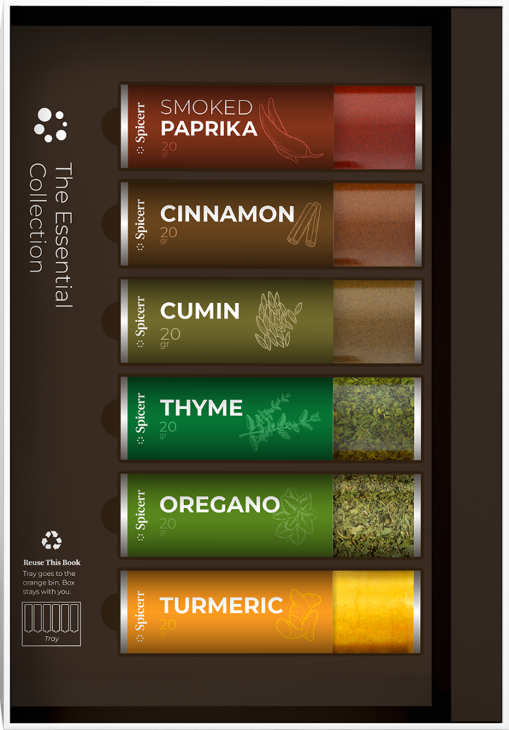 A spice collection containing smoked paprika, cinnamon, cumin, thyme, oregano, and turmeric in labeled tubes, designed for culinary use.