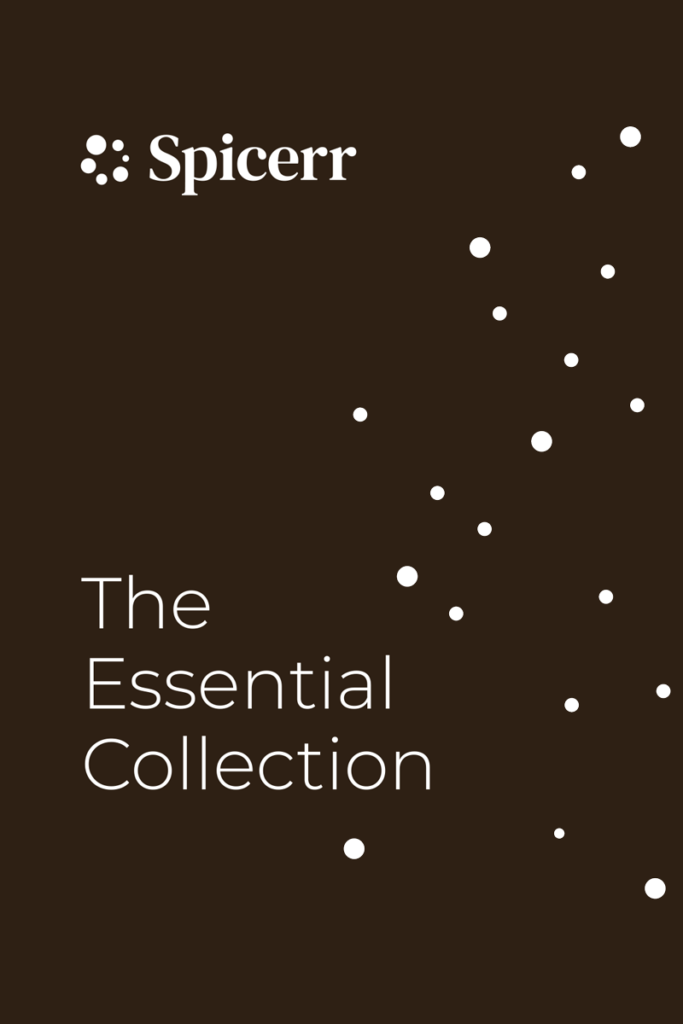 Brown cover titled "Spicerr: The Essential Collection" with scattered black dots. Simple, minimalist design evokes elegance and focus on essential items.