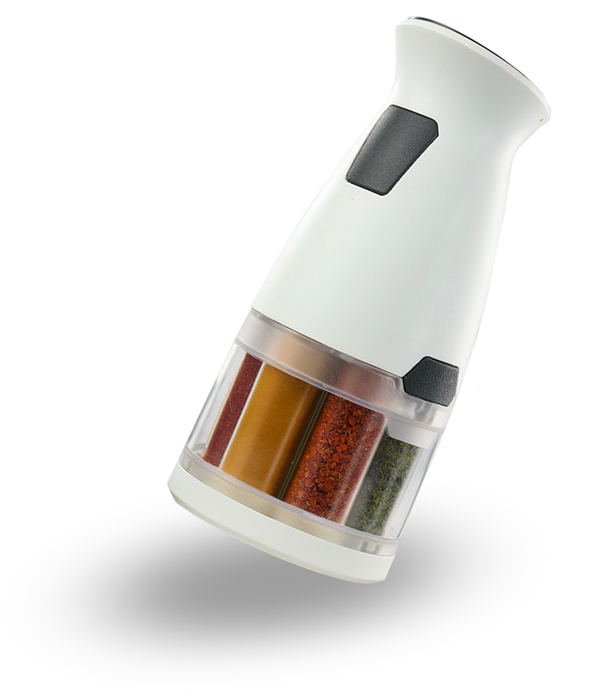 A multi-compartment spice grinder containing various spices, with a sleek white and black design, isolated on a white background.