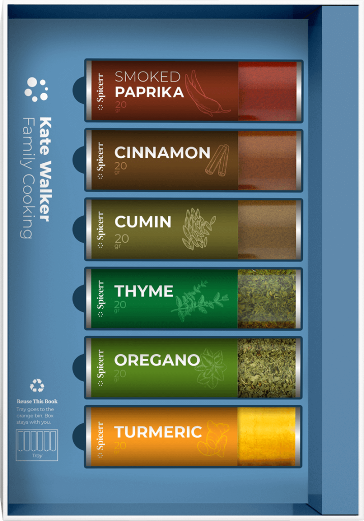 A blue spice box set featuring smoked paprika, cinnamon, cumin, thyme, oregano, and turmeric in individual containers with recycling information.