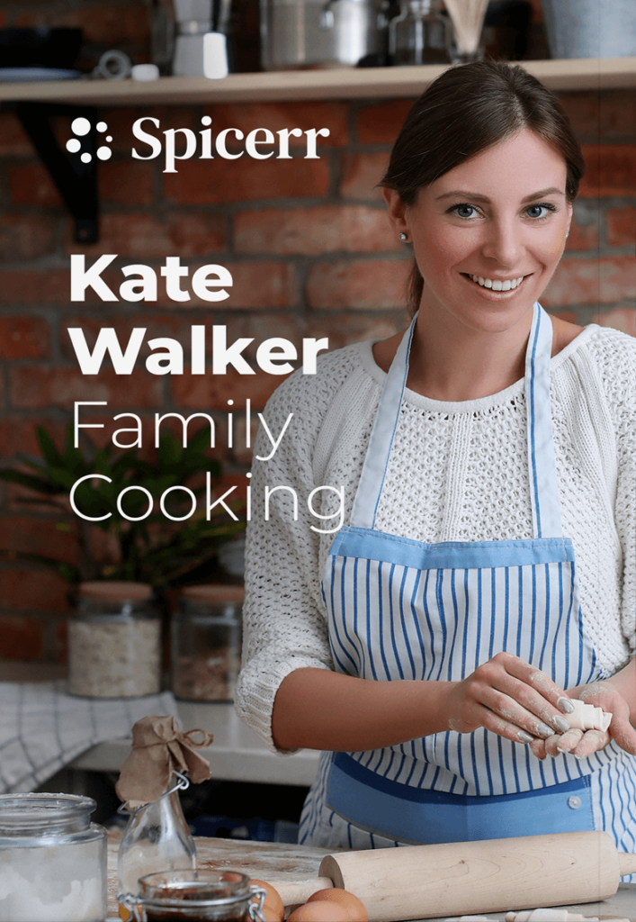 A person wearing an apron is smiling while shaping dough in a kitchen. Text reads "Spicerr Kate Walker Family Cooking." Brick wall background.